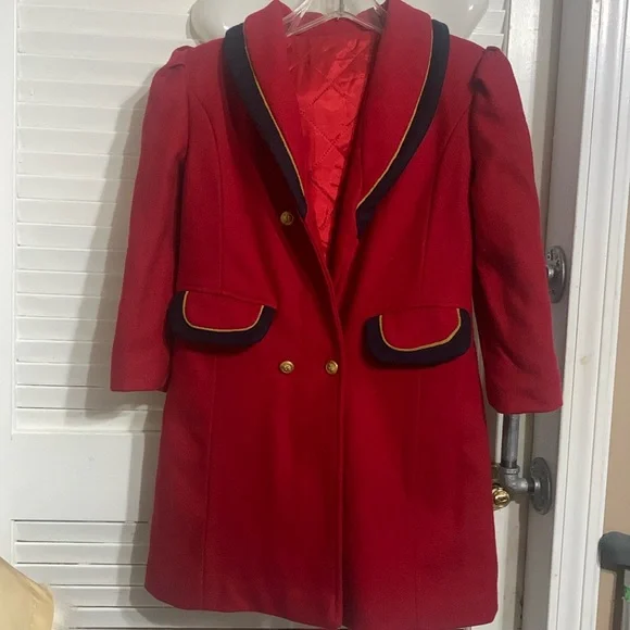 Original Doren Girl Coat Red / Navy Gold rope trim size 6x 100% wool